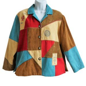 Vintage Koret UltraSuede Patchwork Jacket Earthy Embroidered Hipster Washable L